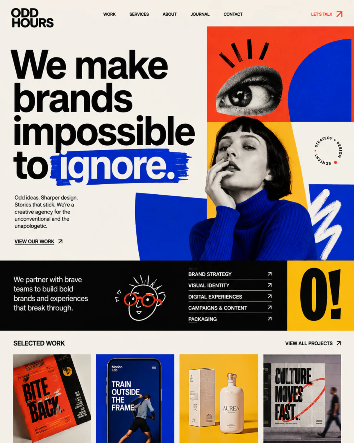 Påhittad hemsida för en reklambyrå, med collage i starka färger