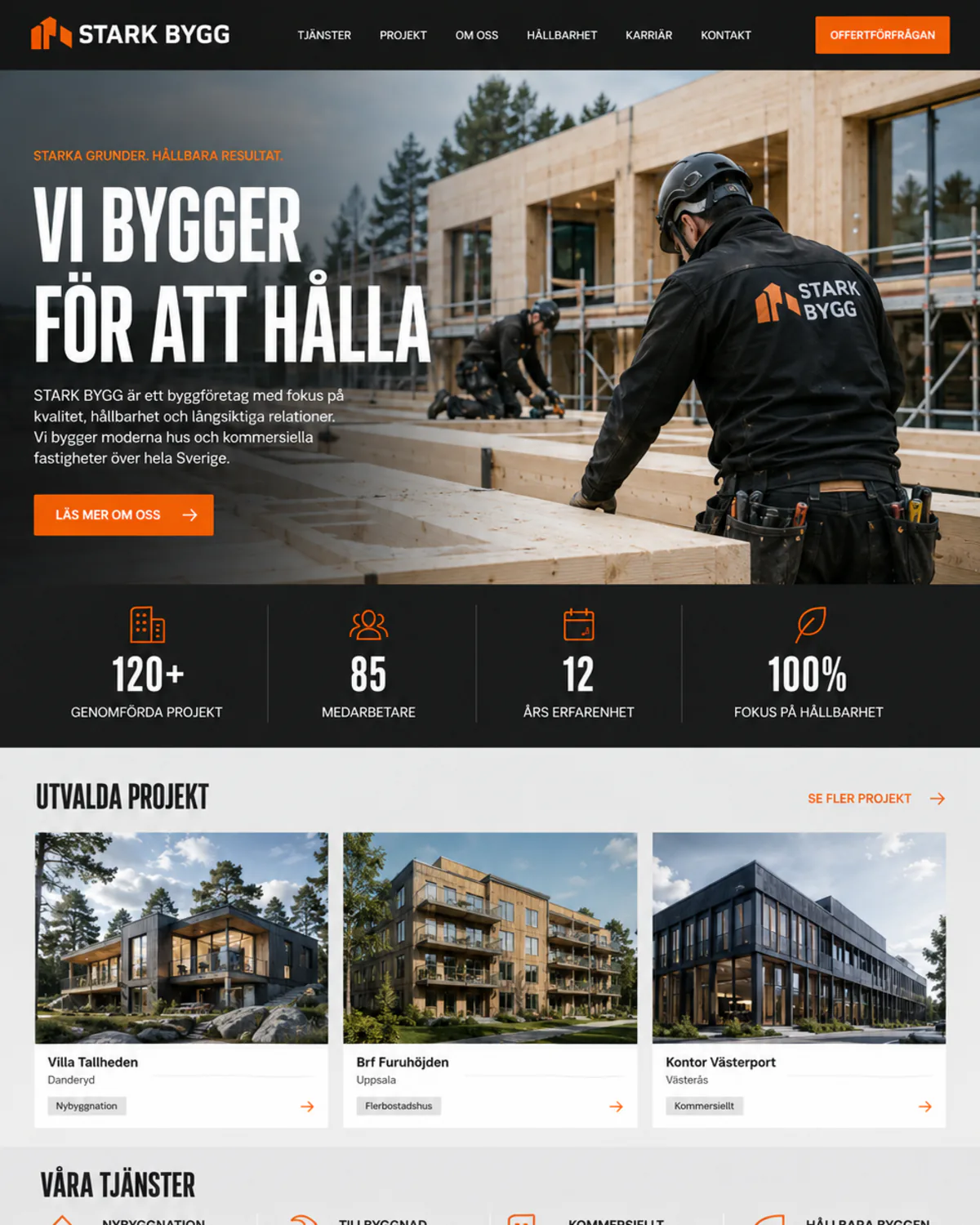 Påhittad hemsida för ett byggföretag, med byggarbetsplats och projektlista
