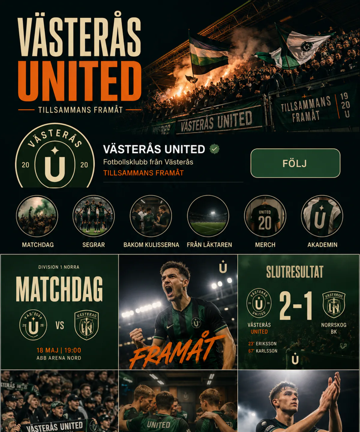 Påhittad profil för en fotbollsklubb, med klubbmärke och matchgrafik
